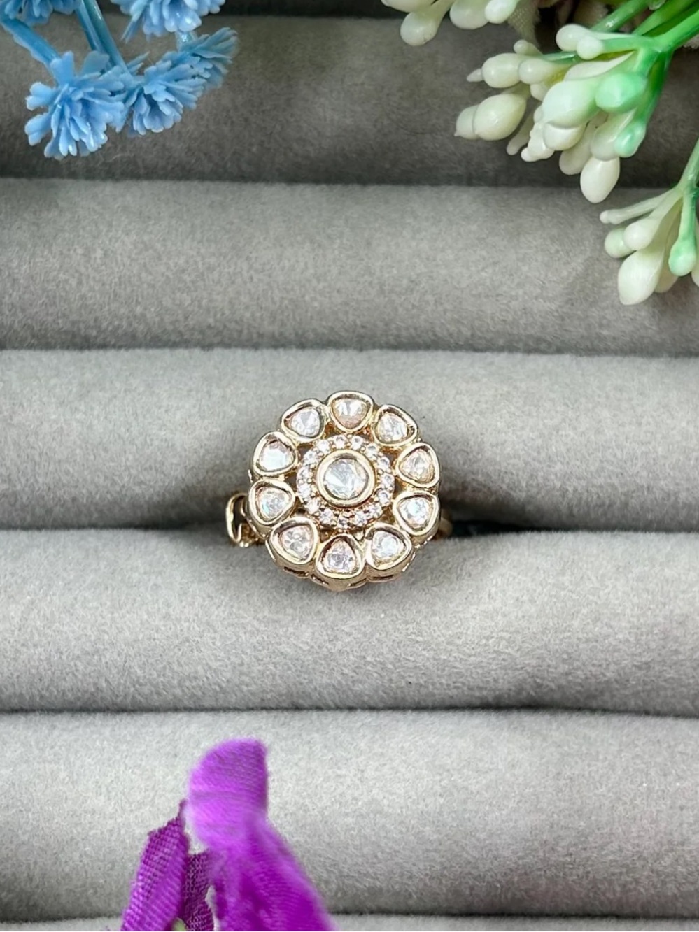 Gold Floral Cluster Ring with Clear Stones - Women Jewelry adjustable